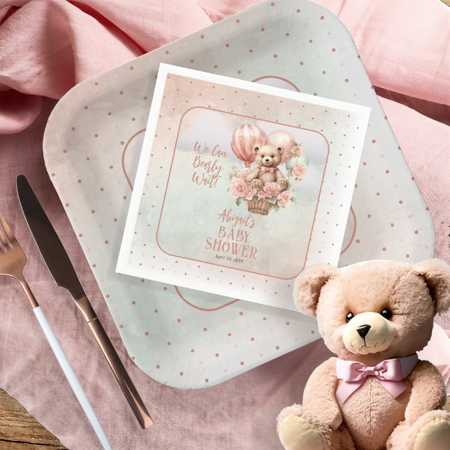 Nalle Balloons Girl Barly Wait Baby Shower Pappersservett (Teddy Bear Hot Air Balloon | Pink Flowers "Bearly Wait" Girl Baby Shower Paper Napkins)