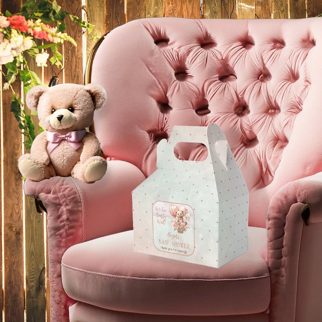 Nalle Balloons Girl Barly Wait Baby Shower Presentaskar (Teddy Bear and Pink Hot Air Balloons with Flowers "We Can Bearly Wait" Baby Shower Favor Box)