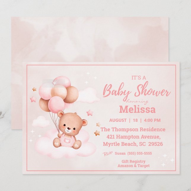 Nalle Balloons Girls Baby Shower Inbjudningar (Fram/baksida)