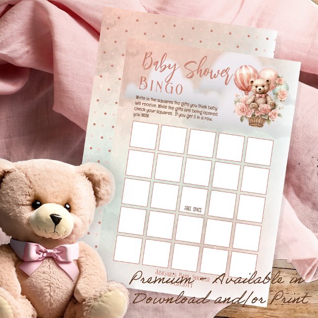 Nalle Balloons Rosa Baby Shower Bingo Inbjudningar (Teddy Bear Hot Air Balloon | Pink Flowers Girl Baby Shower Bingo Game Download and/or Print)