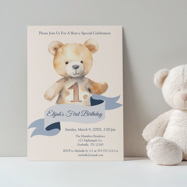 Nalle Banner Boys First Birthday Inbjudningar (Skapare uppladdad)