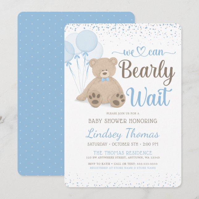 Nalle Barly Wait Confetti Boy Shower Inbjudningar (Fram/baksida)