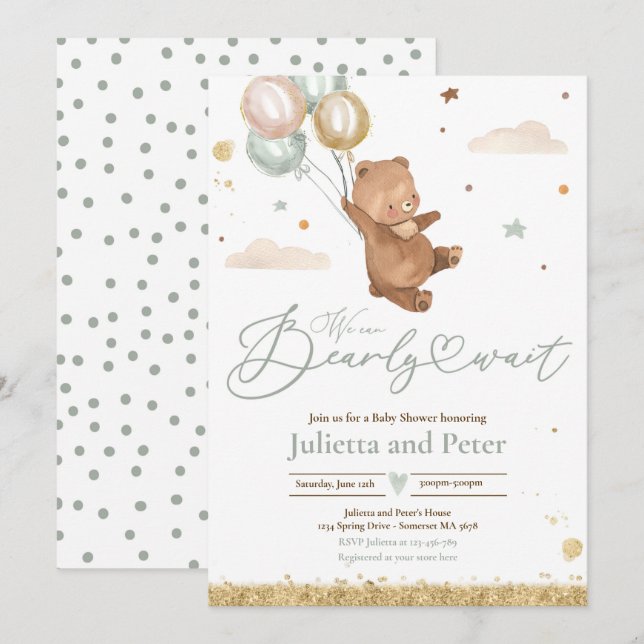 Nalle Barly Wait Gender Neutral Baby Shower Inbjudningar (Fram/baksida)