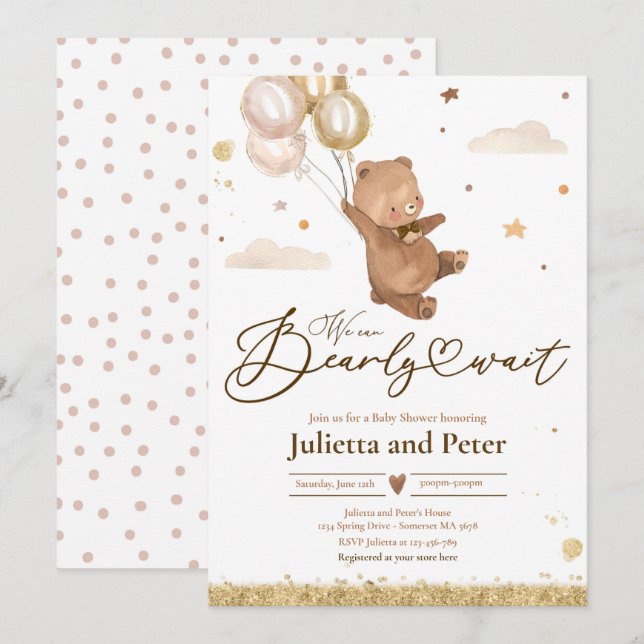 Nalle Barly Wait Gender Neutral Baby Shower Inbjudningar (Fram/baksida)