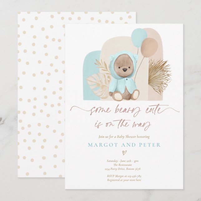 nalle Beary Cute Boho Baby Shower  Inbjudningar (Fram/baksida)