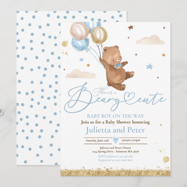 Nalle Beary Cute Pojke Blue Baby Shower Inbjudningar (Fram/baksida)