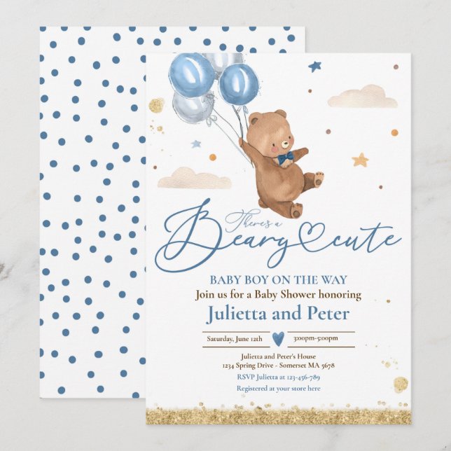 Nalle Beary Cute Pojke Blue Baby Shower Inbjudningar (Fram/baksida)