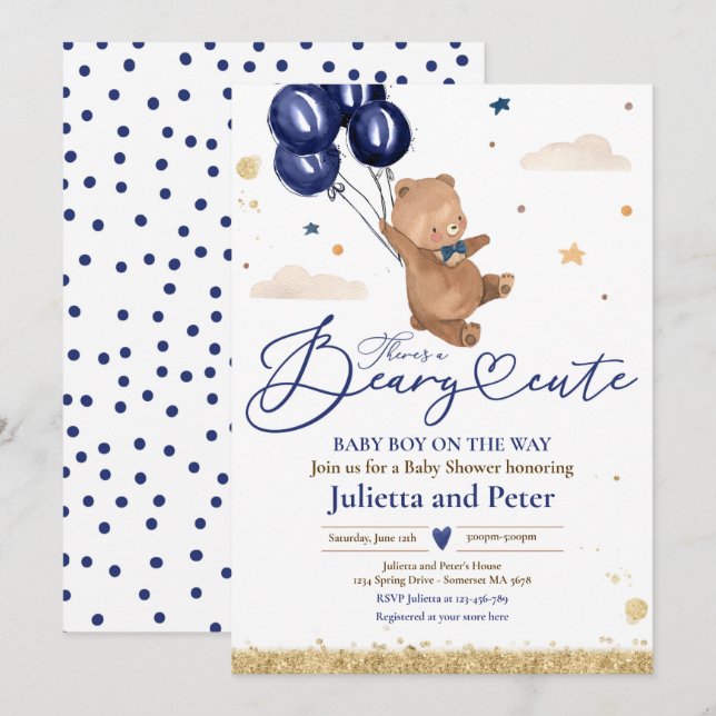 Nalle Beary Cute Pojke Navy Baby Shower Inbjudningar (Fram/baksida)