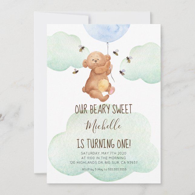 nalle Bees Beary Sweet Baby 1:a födelsedagen Inbjudningar (Framsida)
