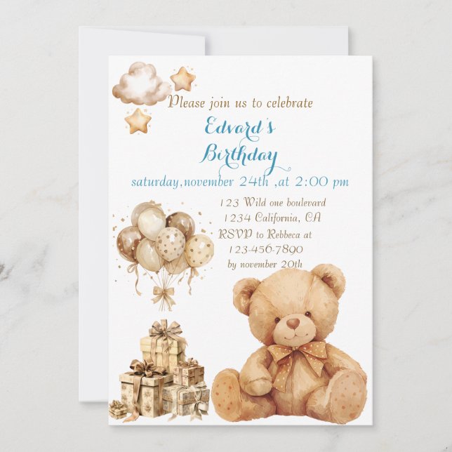 Nalle Beige Balloon Birthday Inbjudningar (Framsida)
