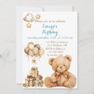 Nalle Beige Balloon Birthday Inbjudningar