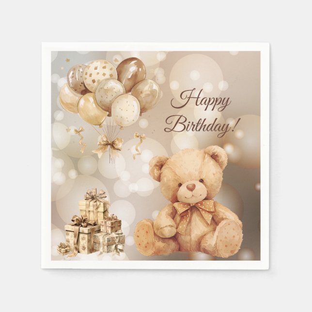 Nalle Beige Balloon Birthday Pappersservett (Framsidan)
