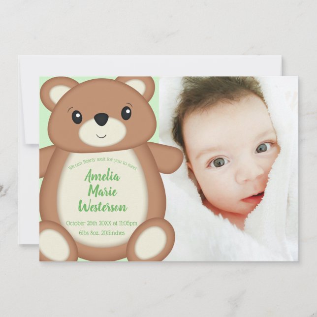 Nalle Birth Notice Inbjudningar (Framsida)