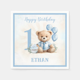 Nalle Birthday Boy Blue Beige Papper Napkins Pappersservett