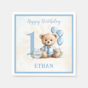 Nalle Birthday Boy Blue Beige Papper Napkins Pappersservett