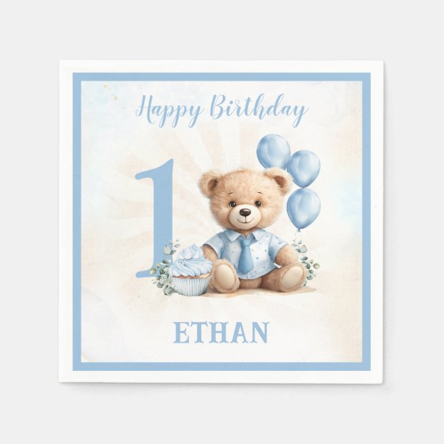 Nalle Birthday Boy Blue Beige Papper Napkins Pappersservett (Framsidan)