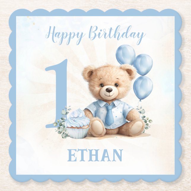 Nalle Birthday Boy Blue Beige Papper Underlägg (Framsida)