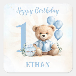 Nalle Birthday Boy Blue Beige Stickers Fyrkantigt Klistermärke