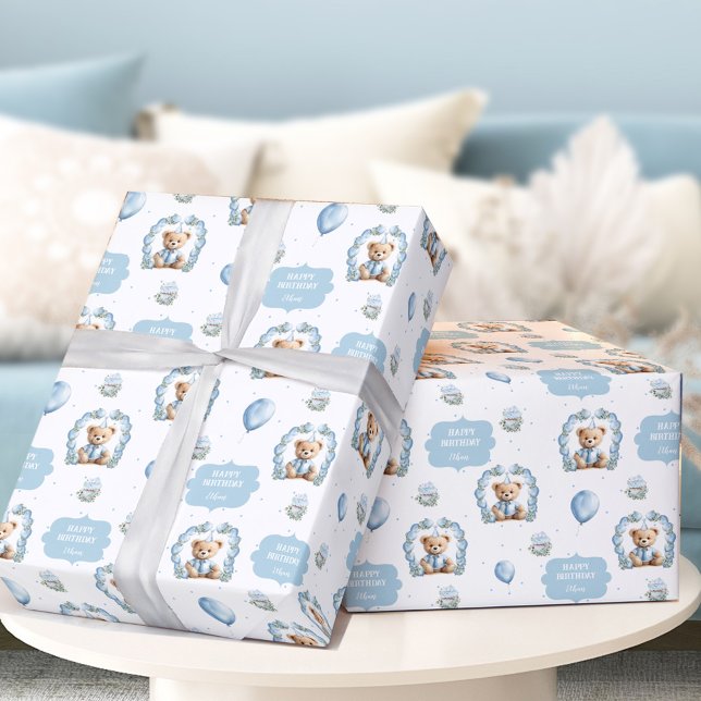 Nalle Birthday Boy Namn Blue Wrapping Papper Presentpapper (Teddy Bear Birthday Boy Name Blue Wrapping Paper)