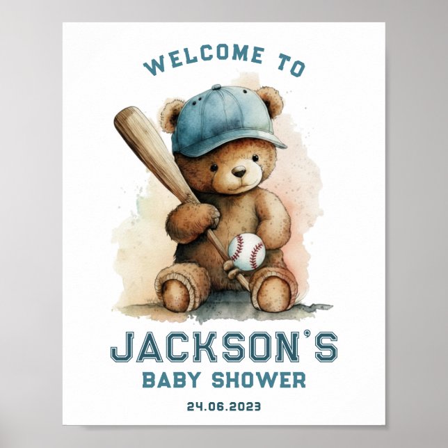 Nalle Björn Basebollspelare Pojke Välkommen Baby S Poster (Framsidan)