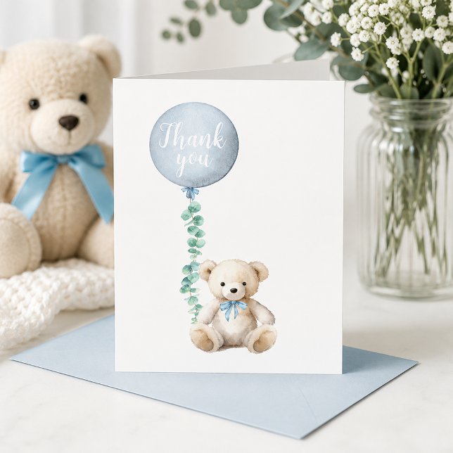 Nalle Björn Blå Bebis Shower Tackkort (Thank you card)