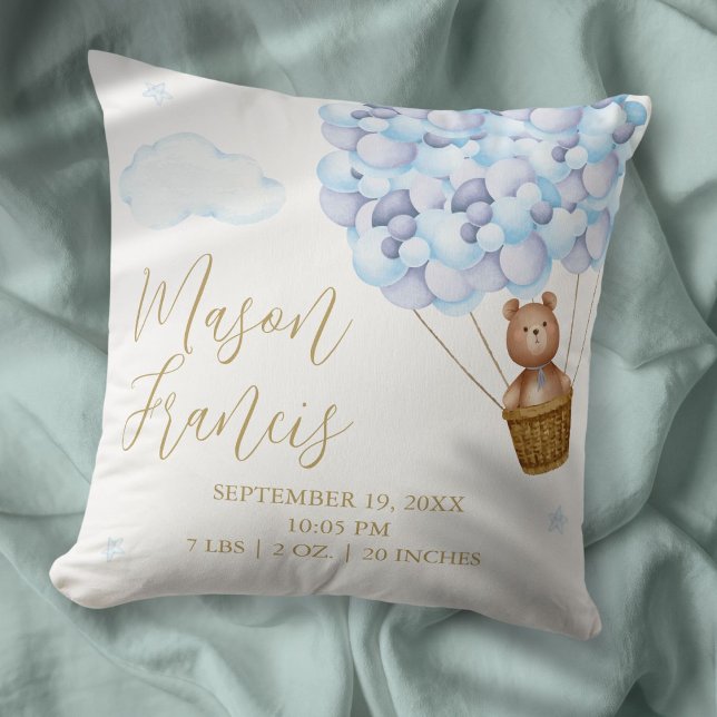 Nalle Blå Ballonger Baby Pojke Födelsestatistik Kudde (Teddy Bear Blue Balloons Baby Boy Birth Stats Throw Pillow)