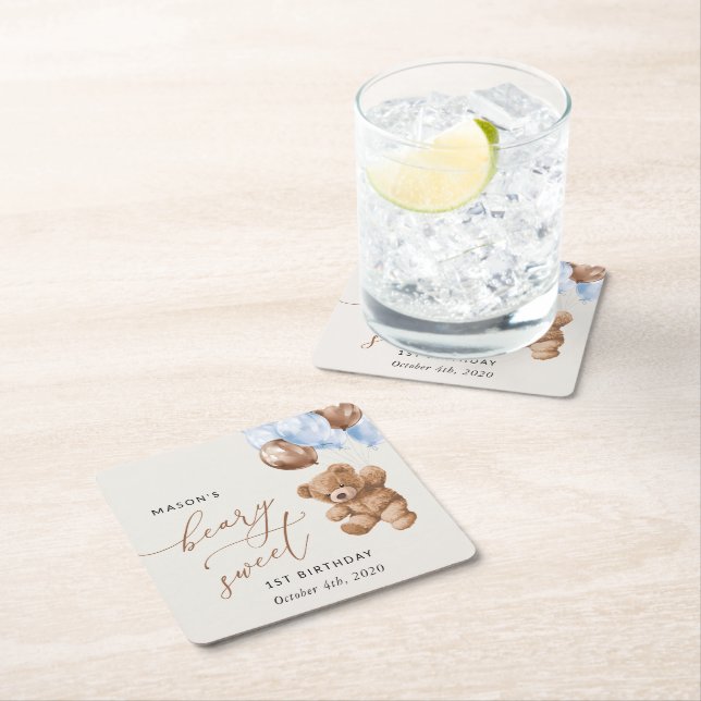 Nalle, blå ballonger, första födelsedagen underlägg papper kvadrat (Insitu)