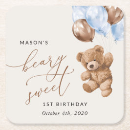 Nalle, blå ballonger, första födelsedagen underlägg papper kvadrat