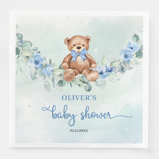 Nalle blå blommigt eucalyptus pojkbabydusch pappersservett (Framsida)