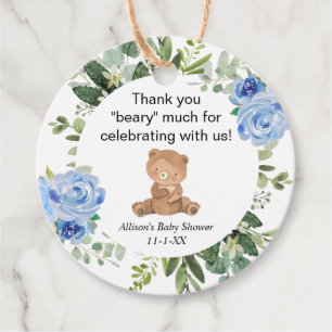 Nalle blå blommigt, grön babydusch gåvor etiketter