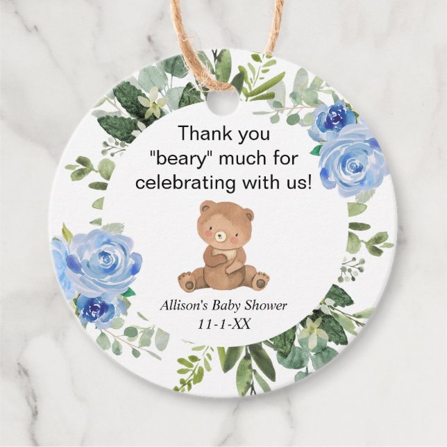 Nalle blå blommigt, grön babydusch gåvor etiketter (Framsida)