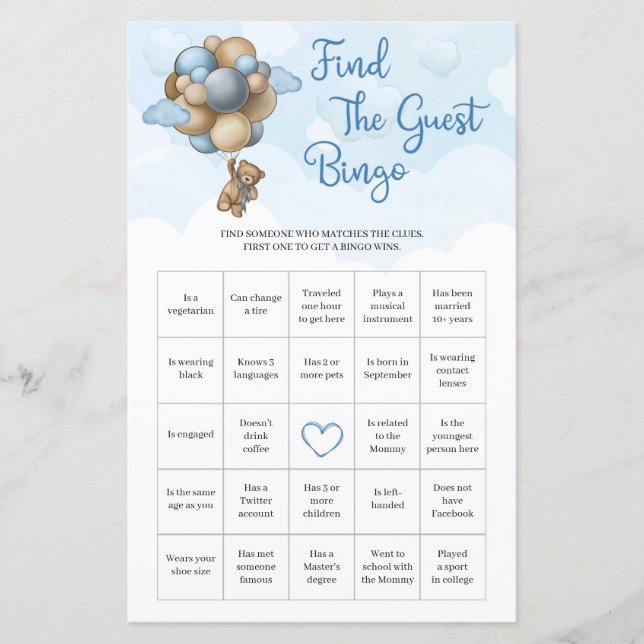 Nalle blå brun ballong Hitta gästen Bingo (Framsida)