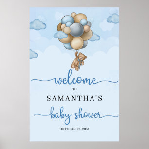 Nalle blå brunballonger baby Välkomstskylt Poster