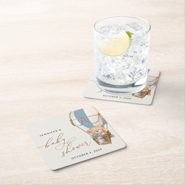 Nalle, blå Luftballong, babykläder Underlägg Papper Kvadrat (Insitu)