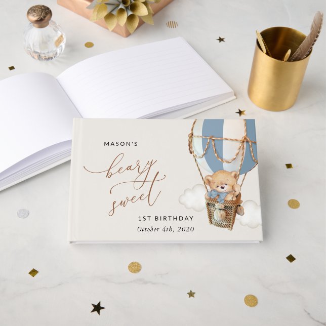 Nalle, blå Luftballong, första födelsedag Gästböcker (Framsida öppen)