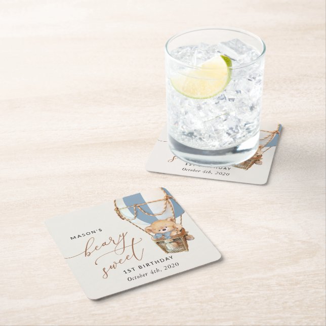 Nalle, blå Luftballong, första födelsedag Underlägg Papper Kvadrat (Insitu)