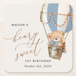 Nalle, blå Luftballong, första födelsedag Underlägg Papper Kvadrat