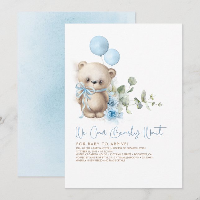 Nalle Blåa blommor och Greenery Baby Shower Inbjudningar (Fram/baksida)