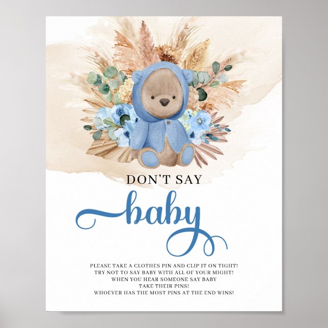 Nalle blåa blommor pampas säger inte baby poster (Framsidan)