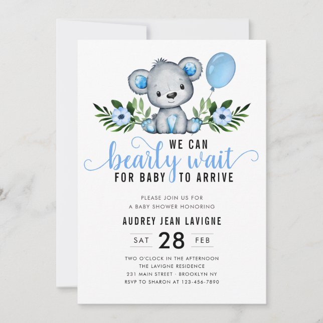 Nalle Blommigt Botaniskt Blue Boy Baby Shower Inbjudningar (Framsida)