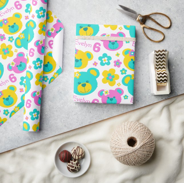 Nalle blommor 6e födelsedag namn papper gåva presentpapper (Hantverk)