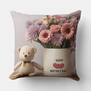 Nalle, blommor och kaffe Mugg Dekorativ kudde