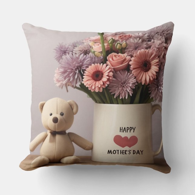 Nalle, blommor och kaffe Mugg Dekorativ kudde (Framsida)
