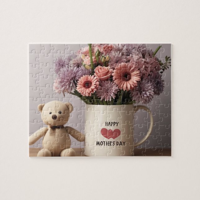 Nalle, blommor och kaffe Mugg - Jigasaw Puzzle Pussel (Horisontell)