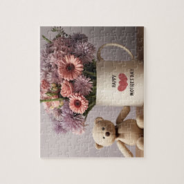 Nalle, blommor och kaffe Mugg - Jigasaw Puzzle Pussel