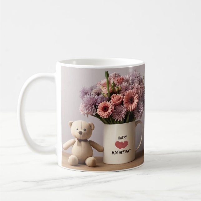 Nalle, blommor och kaffe Mugg Mors dag (Vänster)