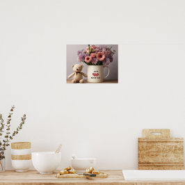 Nalle, blommor och kaffe Mugg Poster