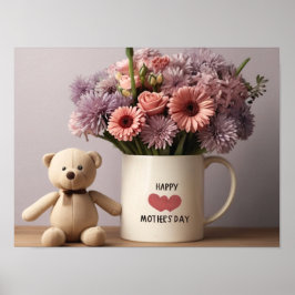 Nalle, blommor och kaffe Mugg Poster
