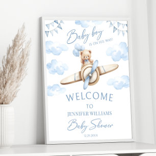 Nalle Blue Airplane Äventyr Pojke Shower Poster