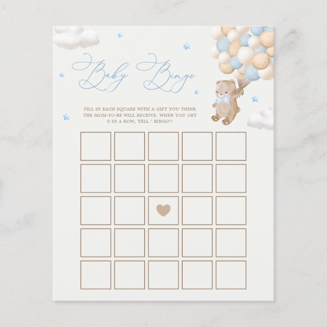 Nalle Blue Baby Shower Bingo Game (Framsida)
